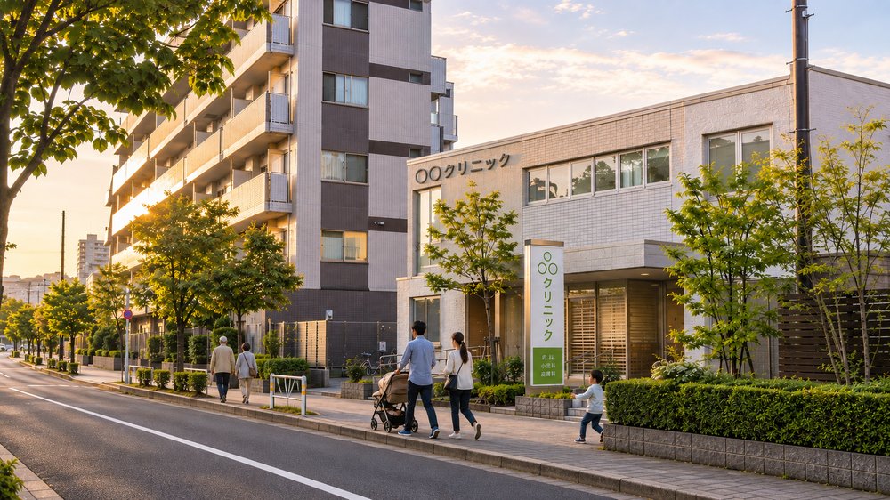 クリニックとマンションが並ぶ、緑豊かで暮らしやすい街並み